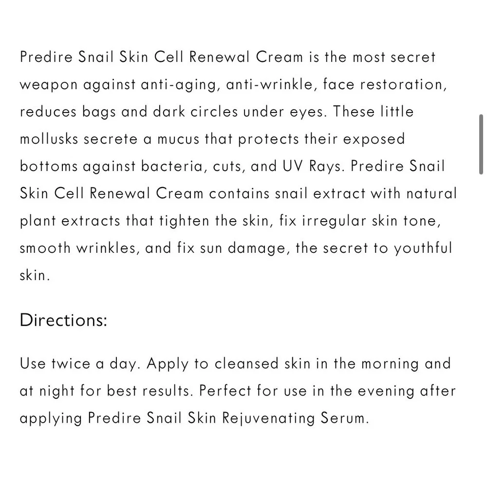 NIB Predire Paris snail anti-aging cell renewal cream. Retails $940‎